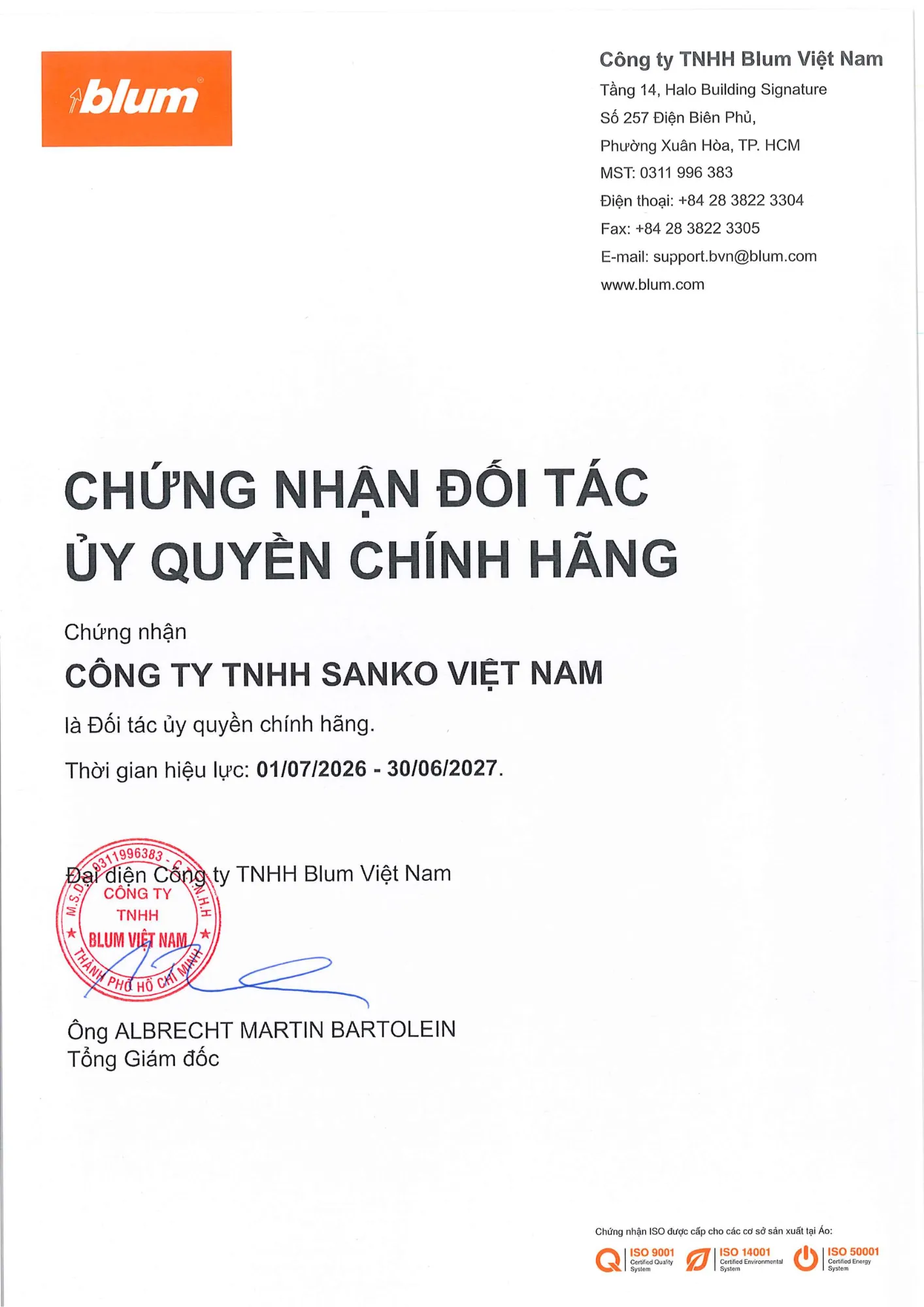 Chứng nhận Đối tác Ủy quyền Chính hãng từ Công ty TNHH Blum Việt Nam cấp cho Công ty TNHH Sanko Việt Nam