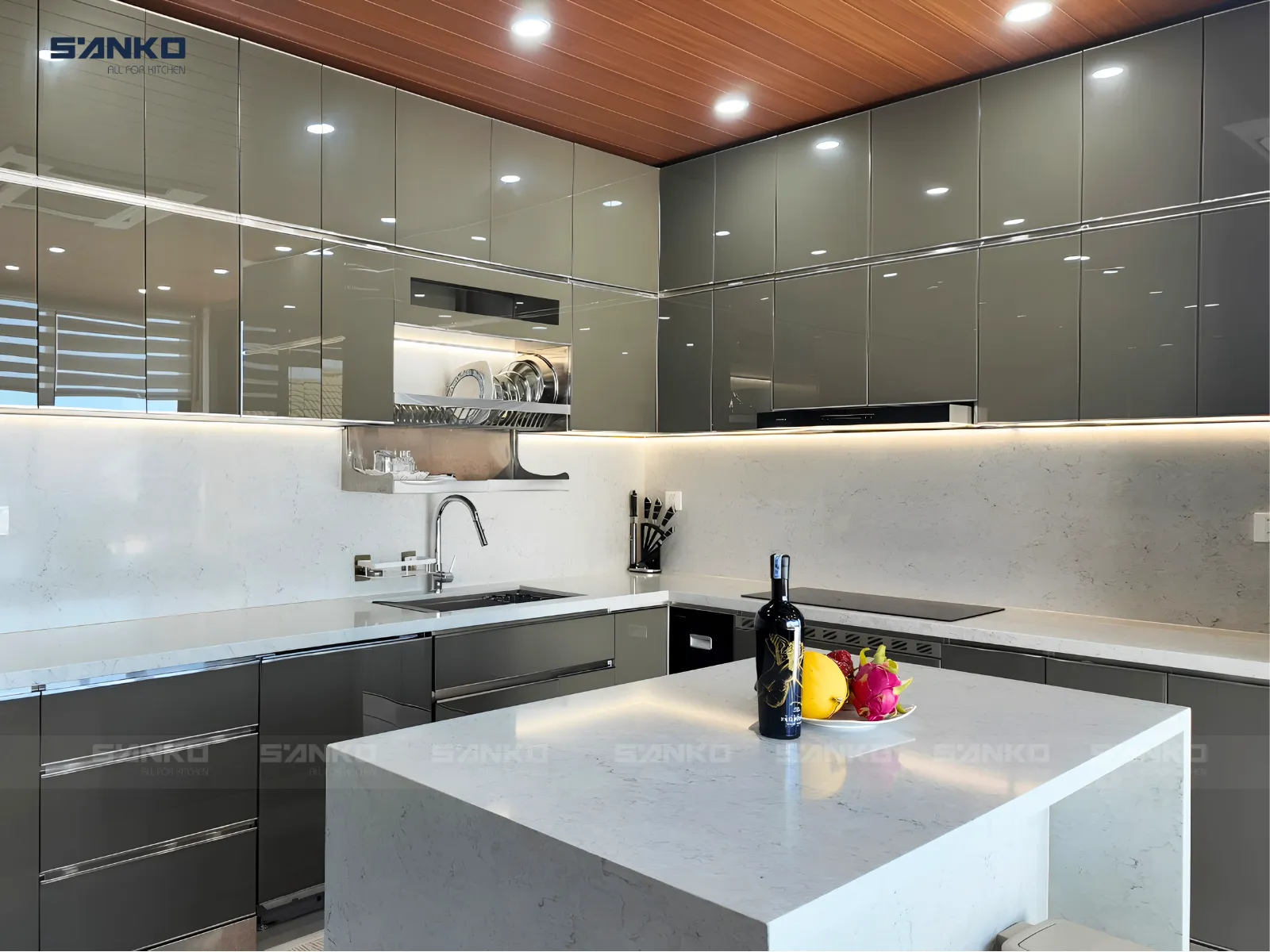 Công trình Tủ bếp inox hệ module cánh kính chữ U có đảo – Anh Quý (Khu biệt thự Khang Điền)