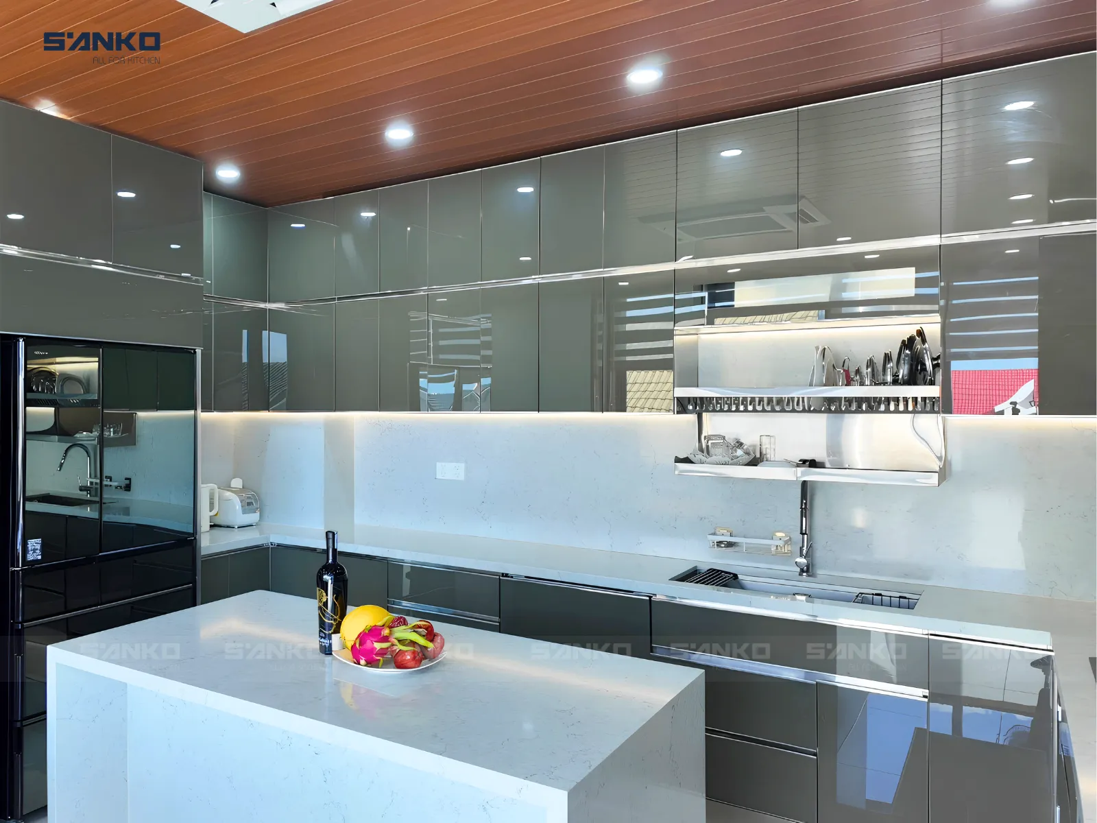 Công trình Tủ bếp inox hệ module cánh kính chữ U - Anh Quý (Khu biệt thự Khang Điền)