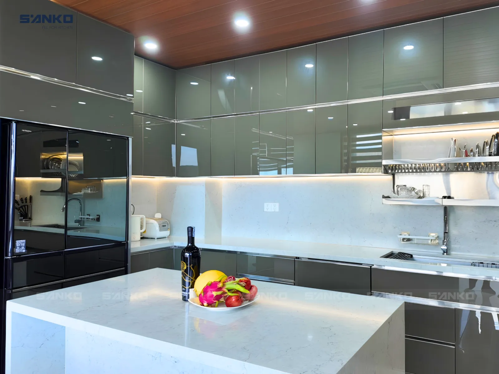 Công trình Tủ bếp inox hệ module cánh kính chữ U có đảo – Anh Quý (Khu biệt thự Khang Điền)