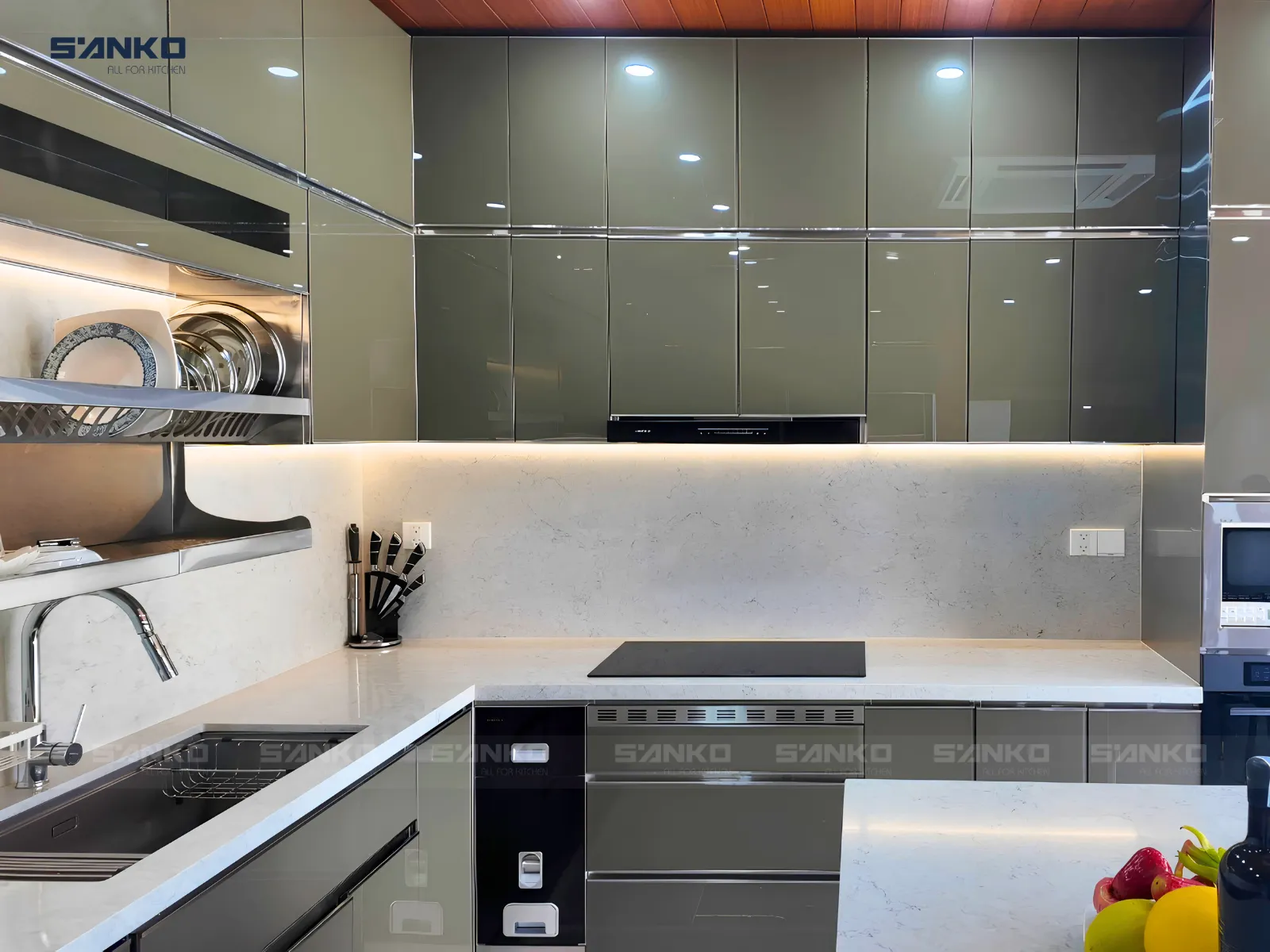 Công trình Tủ bếp inox hệ module cánh kính chữ U có đảo – Anh Quý (Khu biệt thự Khang Điền)
