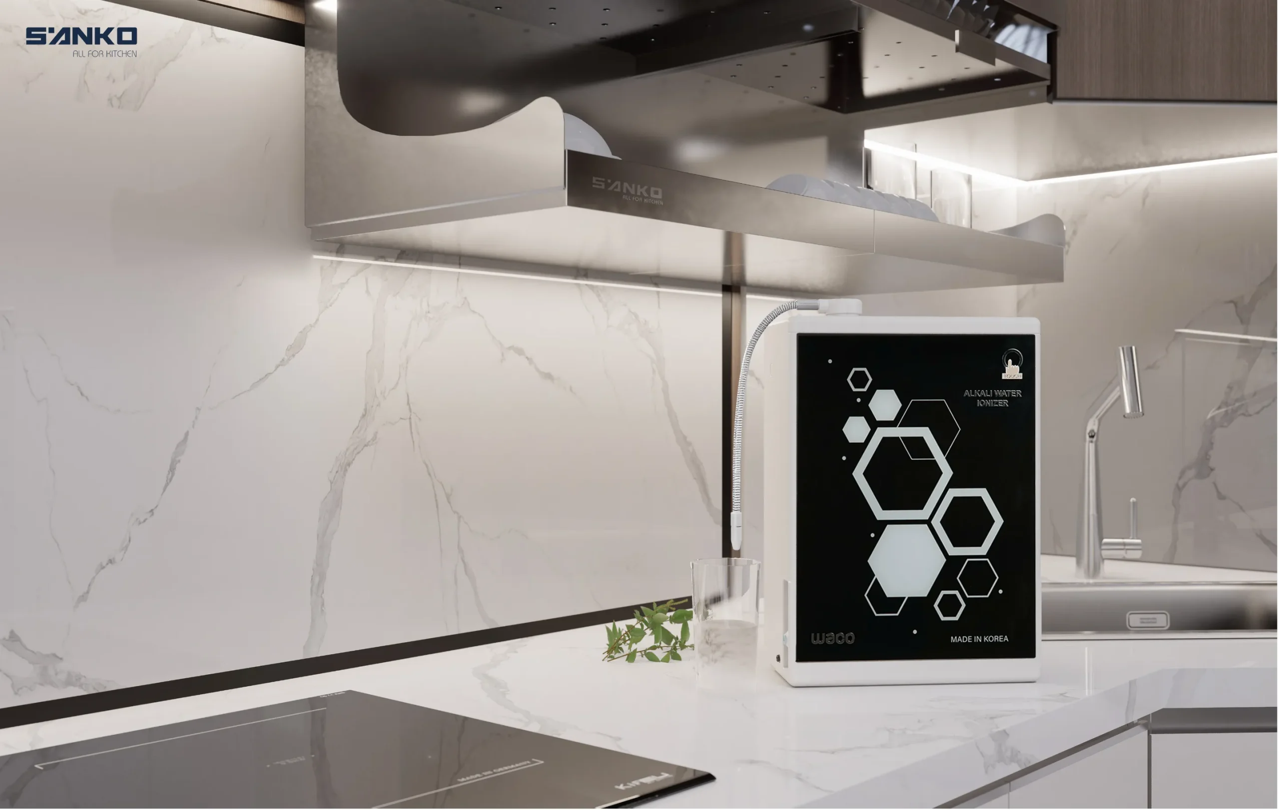 Máy lọc nước ion kiềm WACO HWP-LP-500 tích hợp trong tủ bếp inox hệ module Sanko